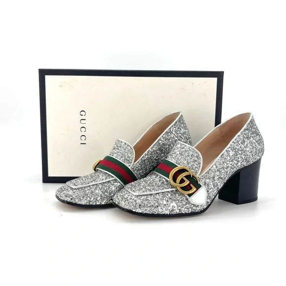 Gucci Web Stripe GG Peyton Silver Glitter Square Toe Platform Heeled Loafers 36 - Picture 3 of 10